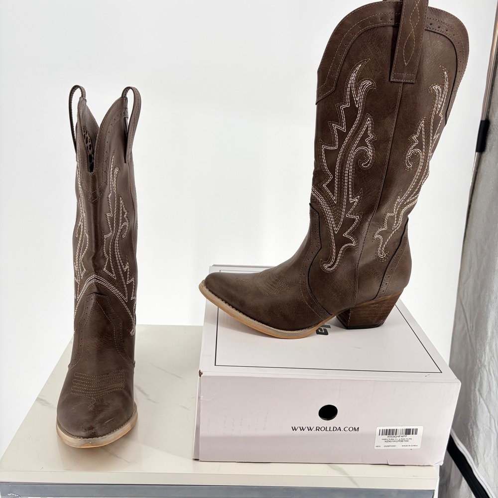 Rollda Western Cowboy Boots 7.5 Brown Embroidered Pointed Toe Mid-Calf Boho